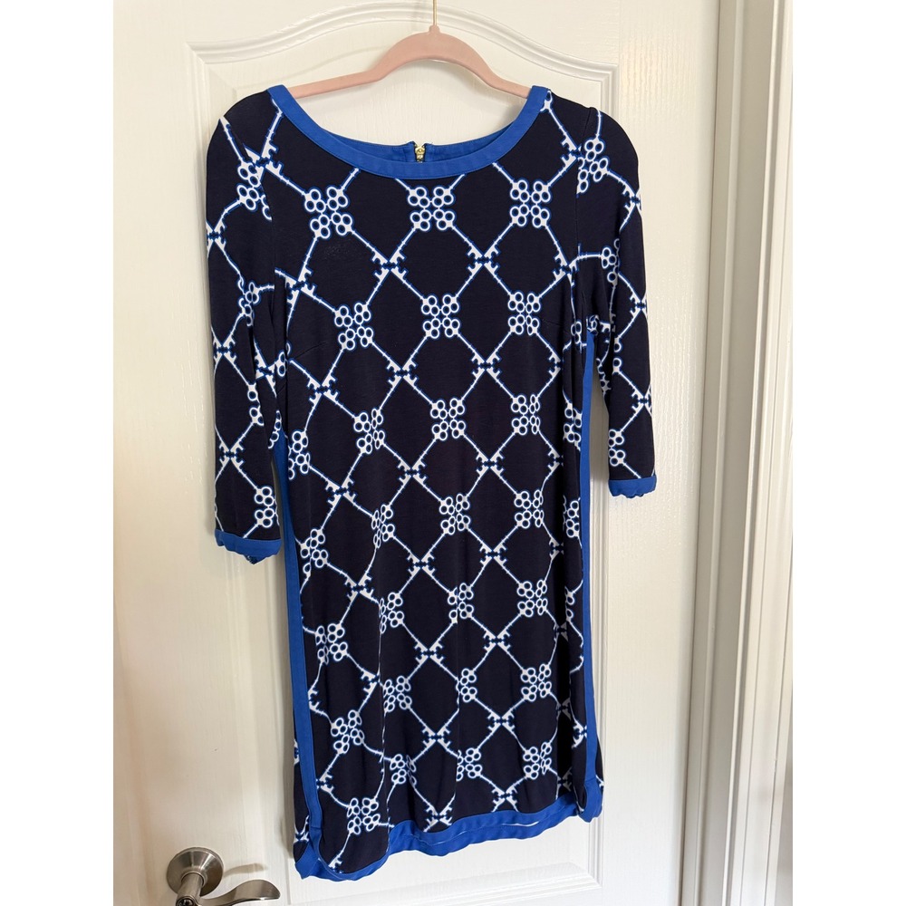 Crown & Ivy Navy Blue Shift Dress Women Key Print Knit Preppy EUC S
